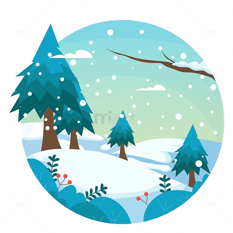 绿色冬季下雪户外风景装饰插画