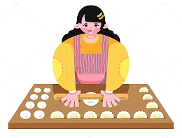 扁平风冬至包饺子女孩矢量图