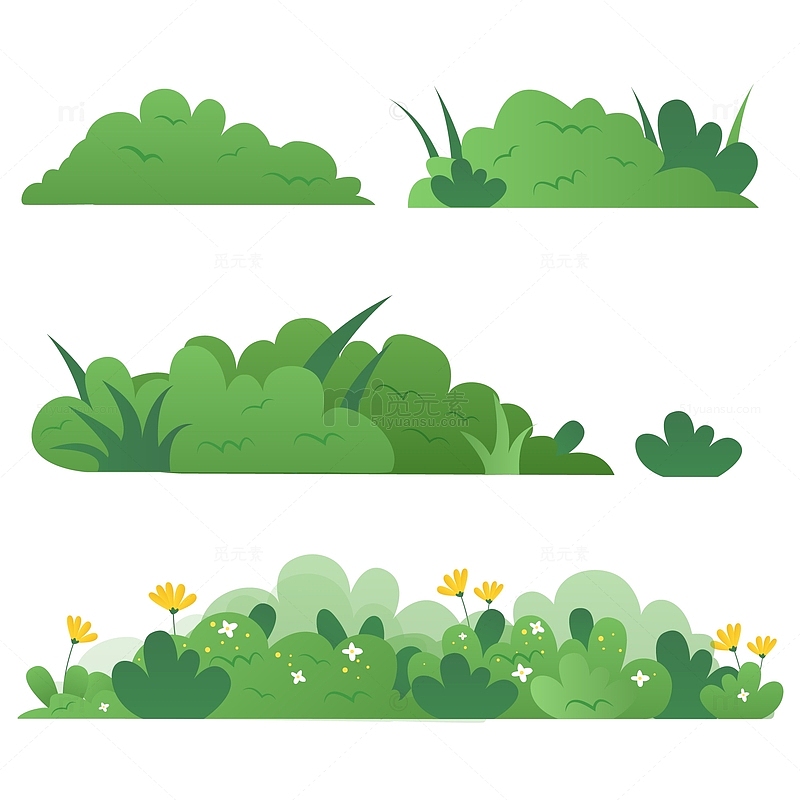 绿色小清新草丛植物花草树木装饰图案插画