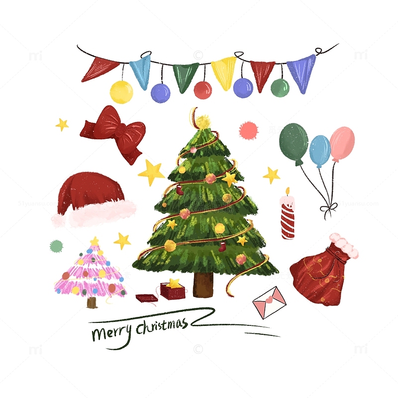 手绘圣诞节气球圣诞树星星帽子蝴蝶结礼物盒