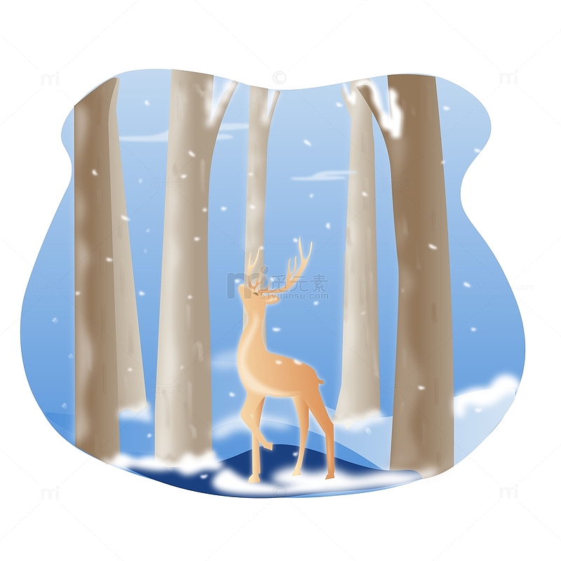 蓝色清新冬天大雪圣诞精品森林麋鹿插画元素