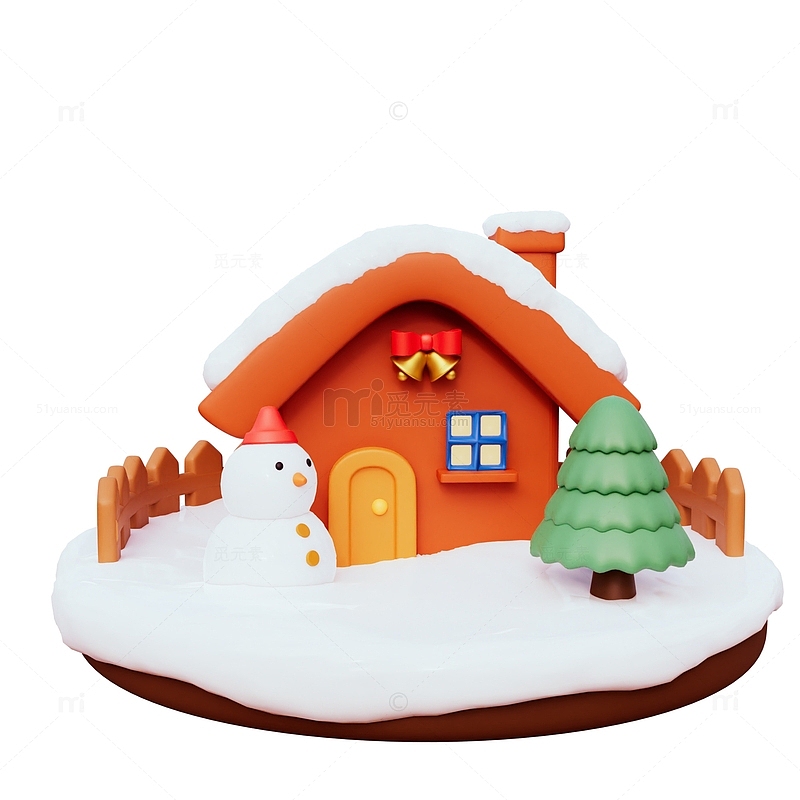 3D卡通圣诞节小屋场景冬天雪地雪人圣诞树
