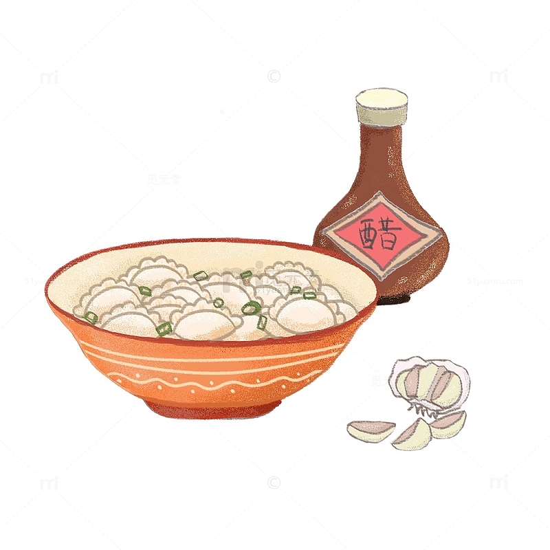 橘色大碗饺子醋和大蒜冬至吃饺子手绘图