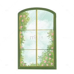 手绘复古多格窗户晴天绿植蔷薇花