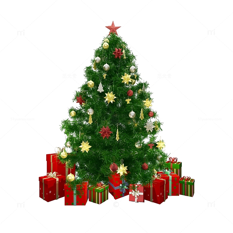 绿色3D立体风格圣诞树礼物盒星星彩球元素