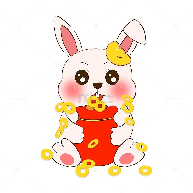 红色卡通春节元旦可爱兔子福袋金币手绘