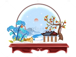 小雪风景和小雪物品和剪纸背景结合亭子