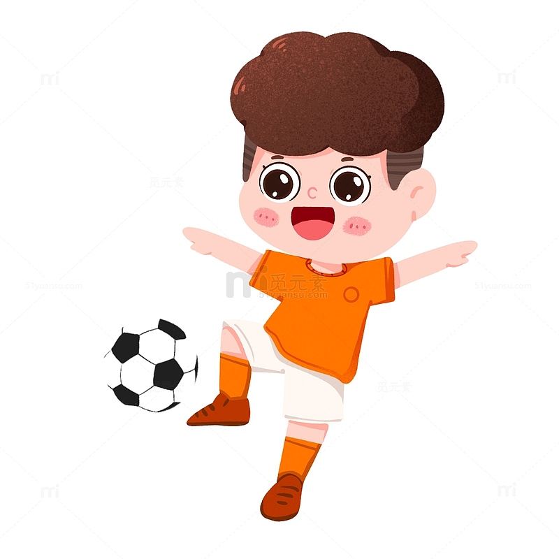 手绘橙衣服运动员踢球停球免抠元素