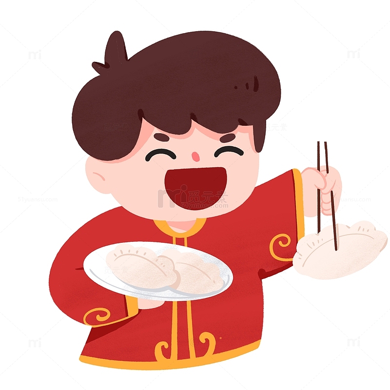 冬至团圆吃饺子的男孩手绘图