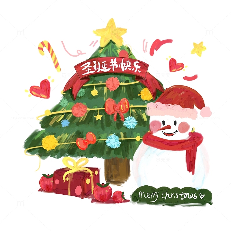 手绘圣诞节圣诞树雪人礼盒油画笔触圣诞快乐