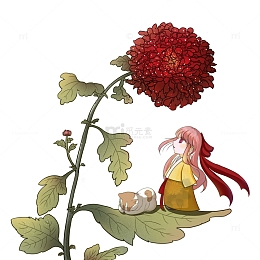 红黄绿 国风 菊花与少女 花卉人物 插画