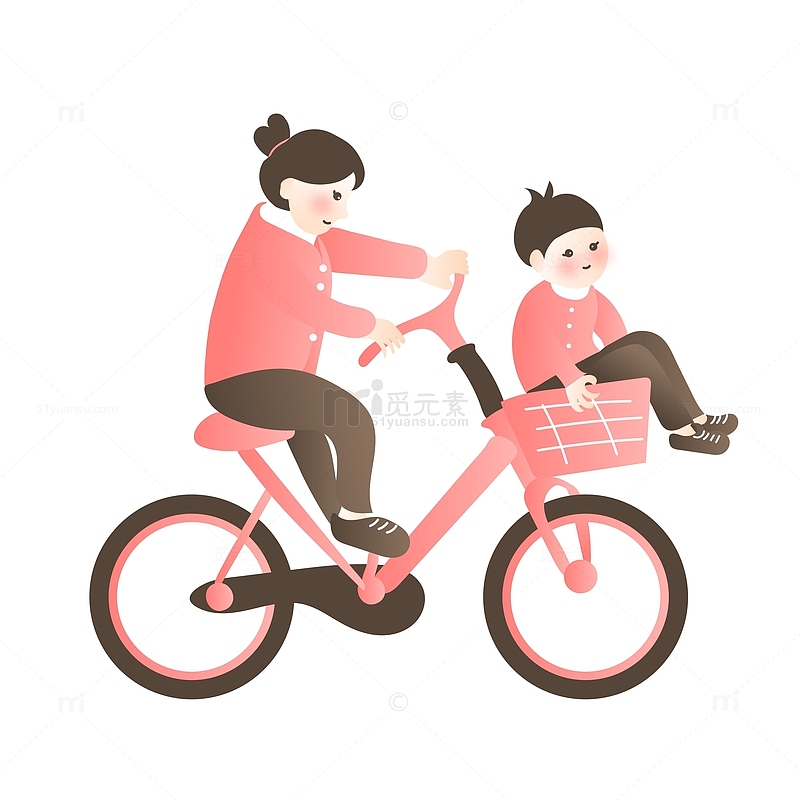 红色渐变色人物骑自行车载小朋友