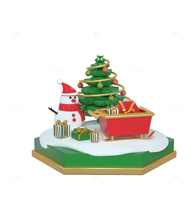 绿色3D圣诞节圣诞树雪橇