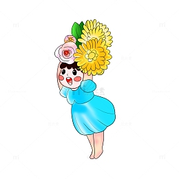 手绘童话举着花的小女孩插画