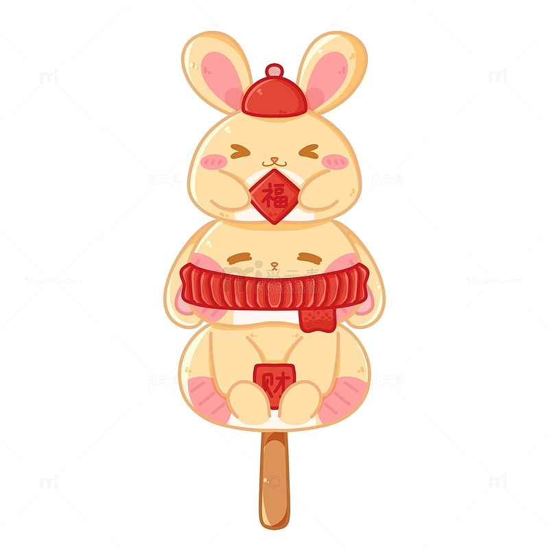 红色卡通手绘兔年元旦糖葫芦小兔子