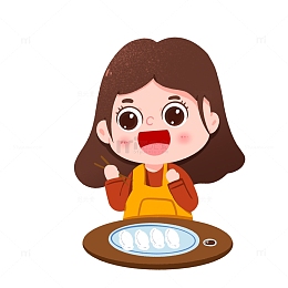手绘冬至节气女孩坐在桌上吃水饺元素