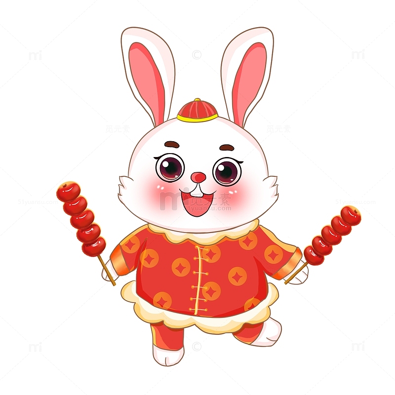 红色元旦兔年新年卡通国潮兔子冰糖葫芦