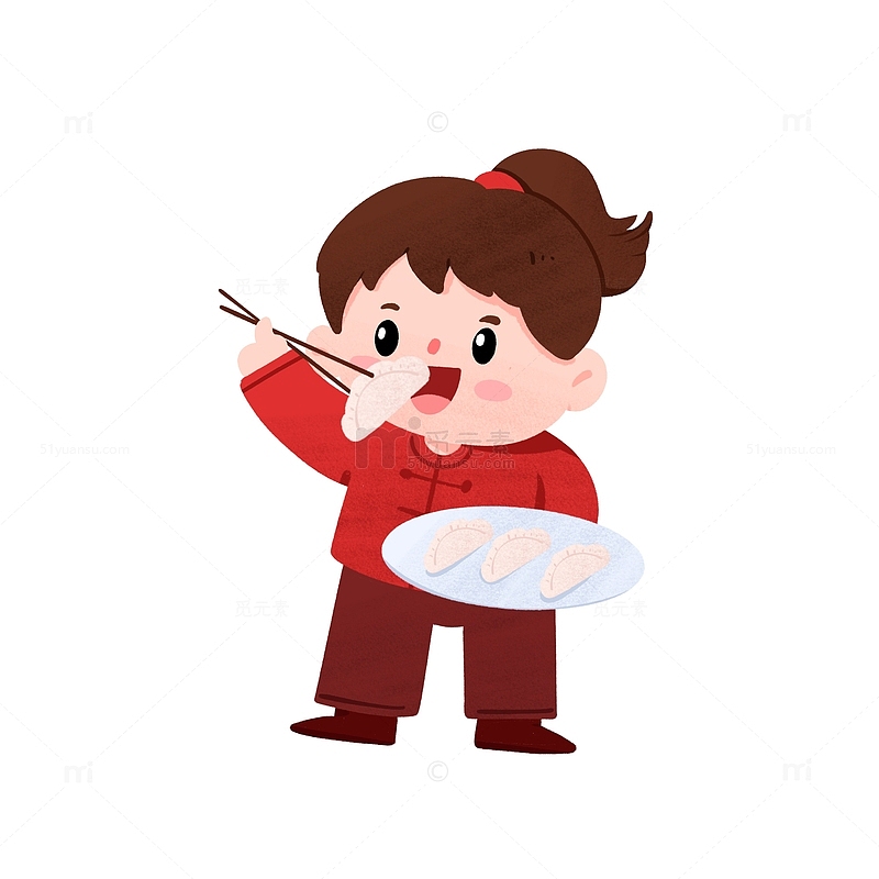 冬至吃饺子的女孩手绘图