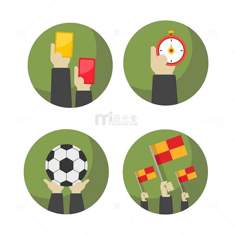绿色世界杯足球比赛角旗红黄牌秒表手绘元素