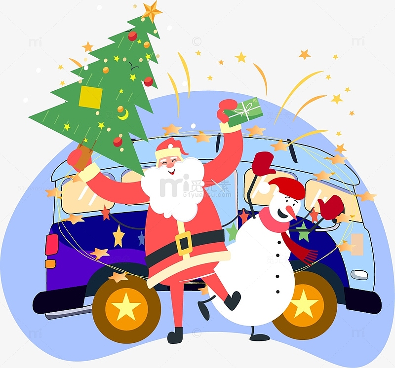 圣诞节圣诞老人红色绿色礼物盒车树