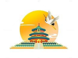 手绘国潮中国风古风天坛楼宇仙鹤文创插画