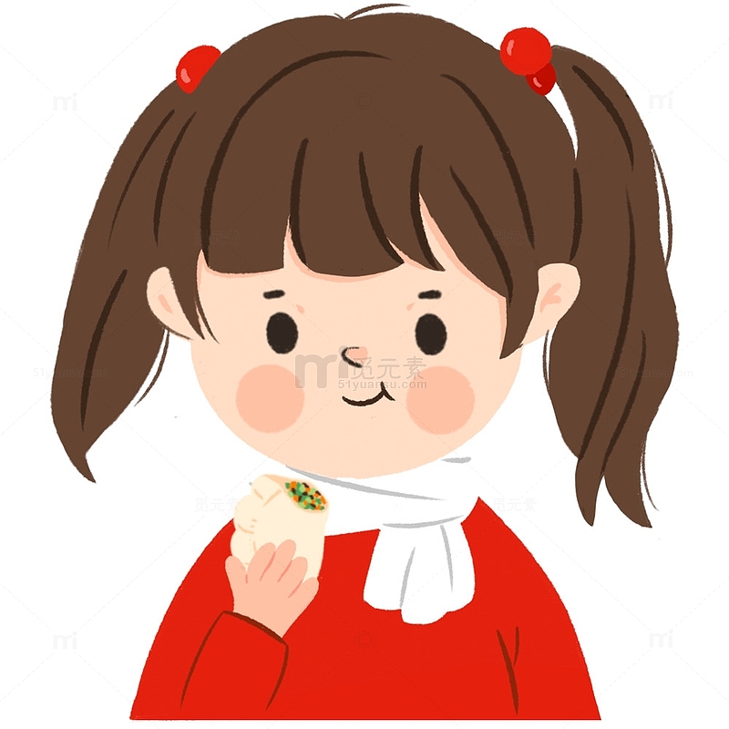 冬至穿红衣服的小女孩吃饺子手绘人物图