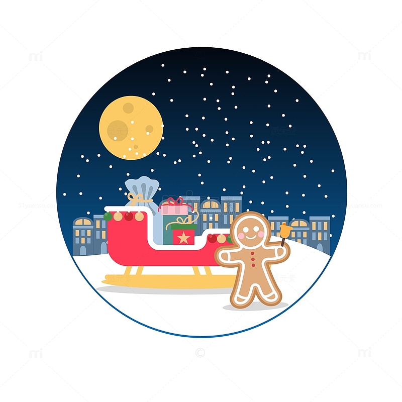 圣诞节平安夜月亮姜饼人礼物下雪天手绘元素
