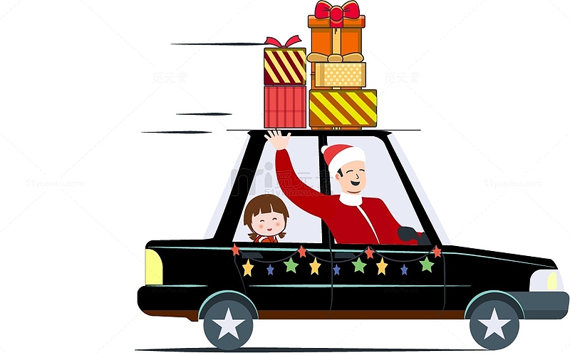 圣诞节圣诞老人红色绿色礼物盒车