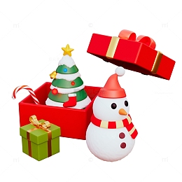3D卡通圣诞节打开的礼物盒子圣诞树雪人