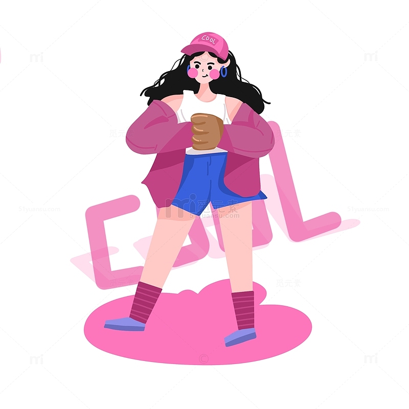 手绘粉色撞色扁平化运动人物时尚女孩插画