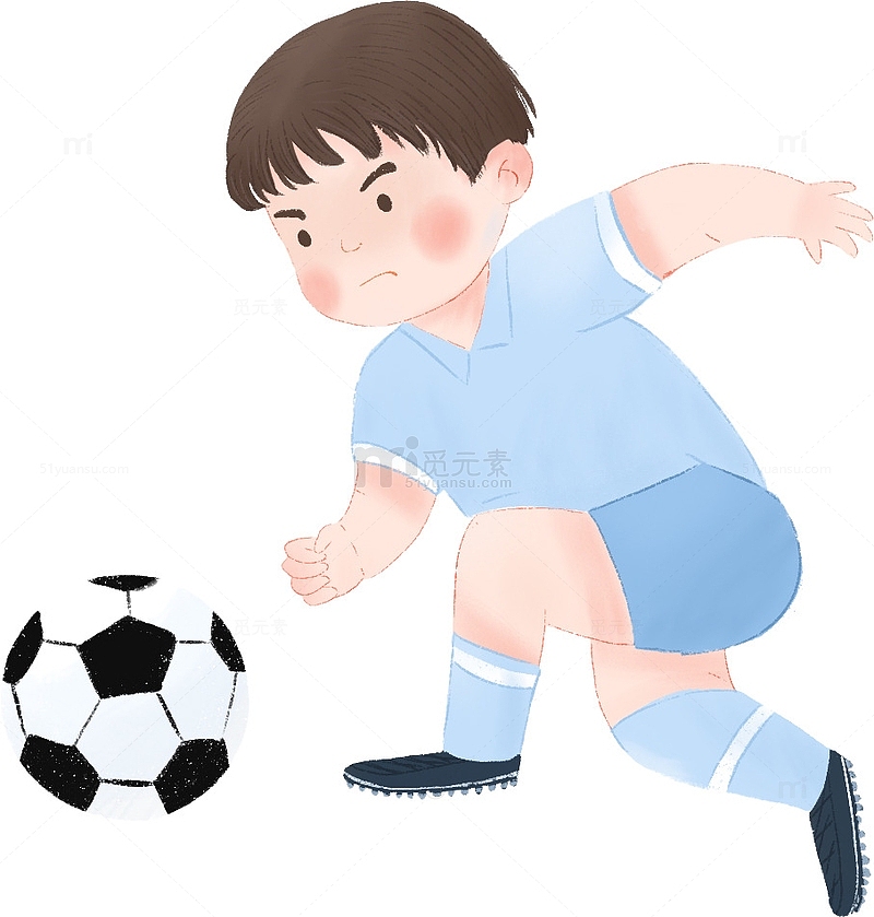 清新蓝色踢足球的小男孩世界杯元素