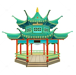 国潮风手绘双层凉亭建筑装饰元素