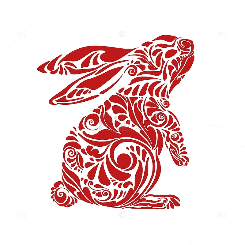 红色2023春节兔子窗花兔子剪影