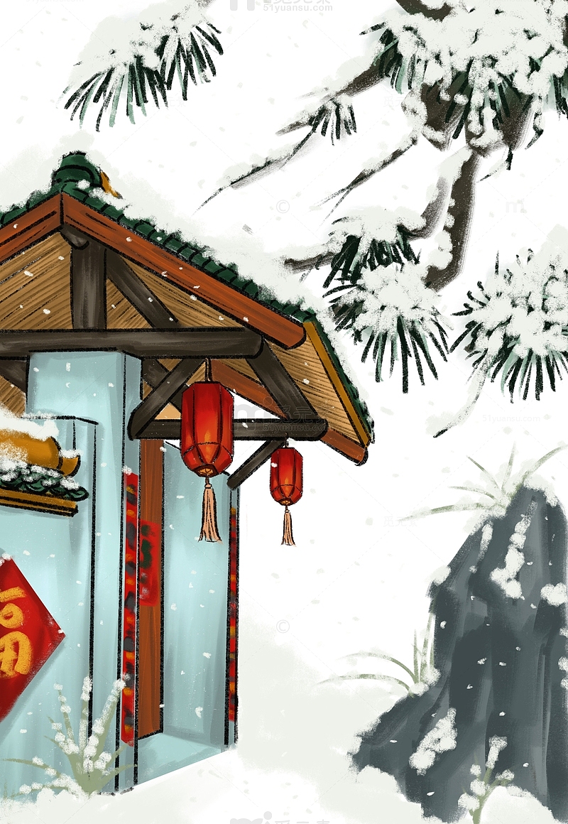 中国风春节门前手绘图