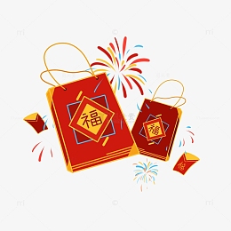 手绘卡通春节新年手提袋购物袋福袋烟花红包
