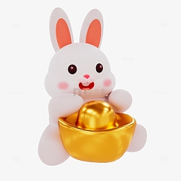 3d新年抱着金元宝的兔子