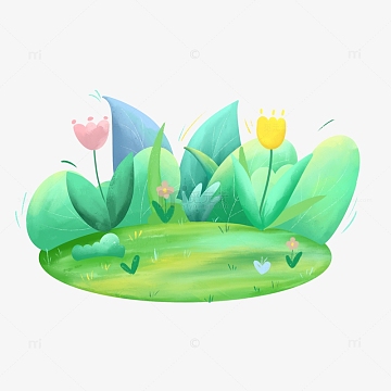 小清新春天手绘卡通草丛树叶花朵绿植插画