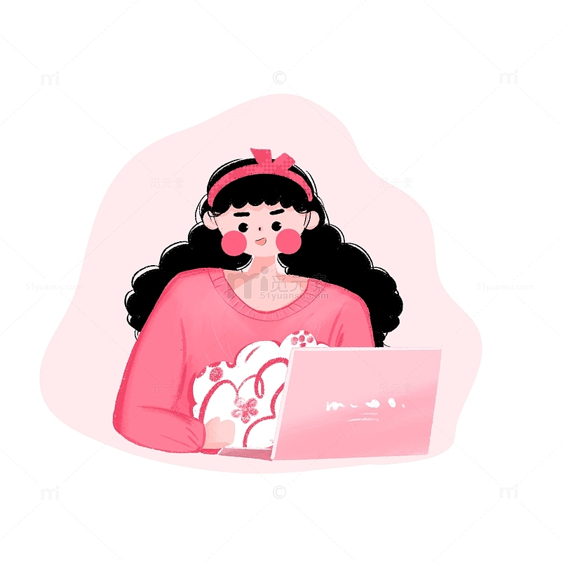 手绘卡通人物女孩粉色服装电脑办公插图
