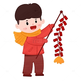 2023年元旦男孩放鞭炮迎新年手绘图