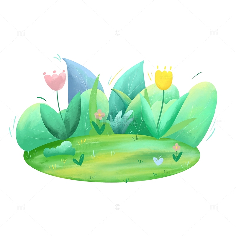 小清新春天手绘卡通草丛树叶花朵绿植插画