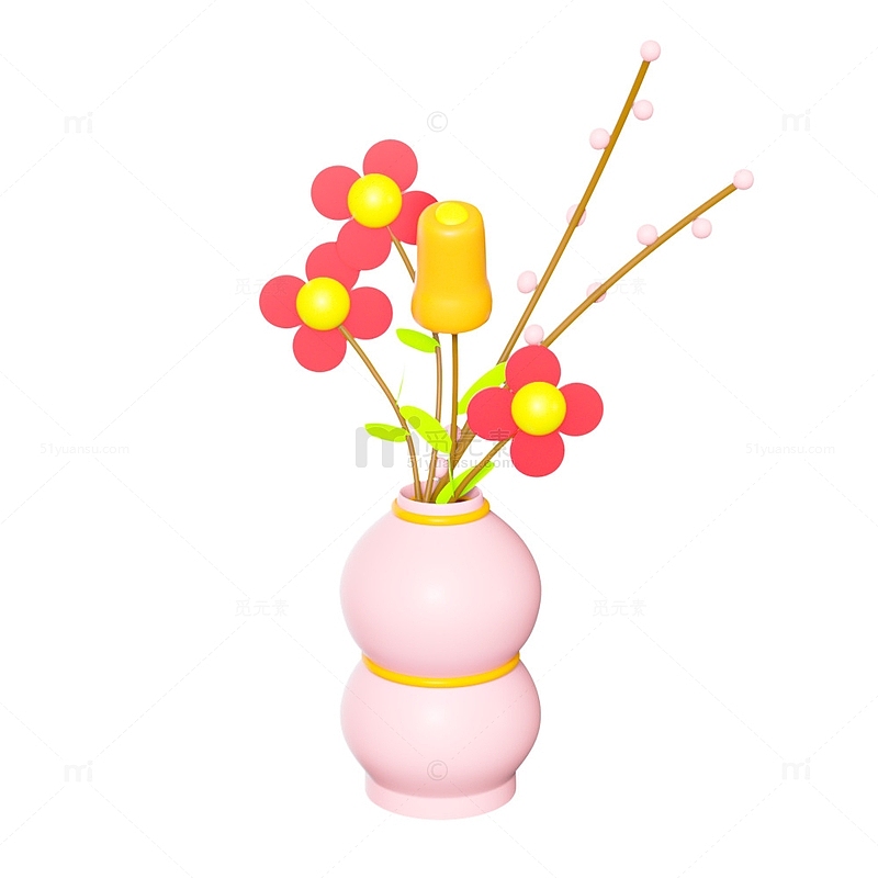 粉红色小清新春天花瓶梅花春节盆栽3D元素