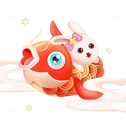 玉兔抱鲤红色喜庆图