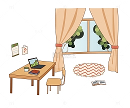 暖色房间一角书房窗台地毯