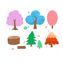 可爱手绘涂鸦彩色树木树桩花朵元素