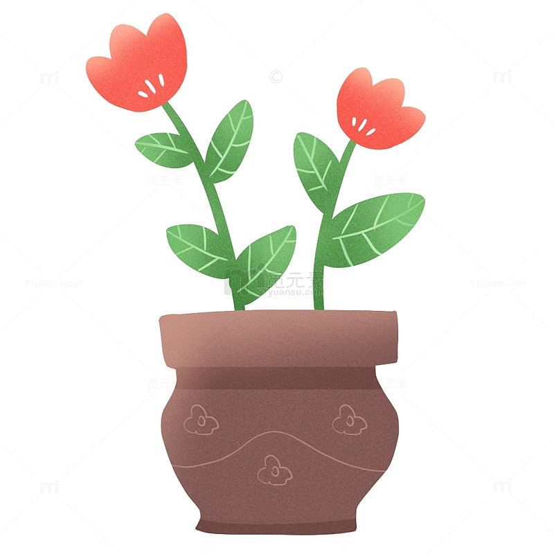 红色小花卡通植物盆栽手绘