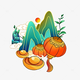 新年元旦古风国潮喜庆灯笼元宝插画手绘