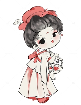 红色古风提着果篮的少女