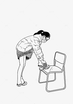 人物速写女生半蹲着系鞋带踩椅子上手绘图