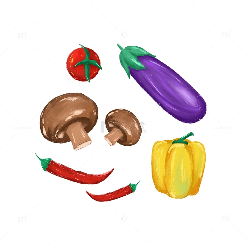 手绘卡通蔬菜香菇辣椒茄子番茄免扣元素