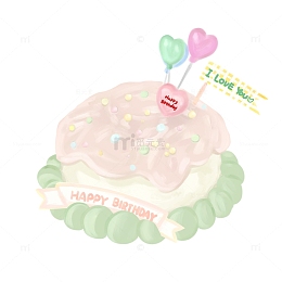 马卡龙粉绿色Q版小清新卡通生日蛋糕手绘图